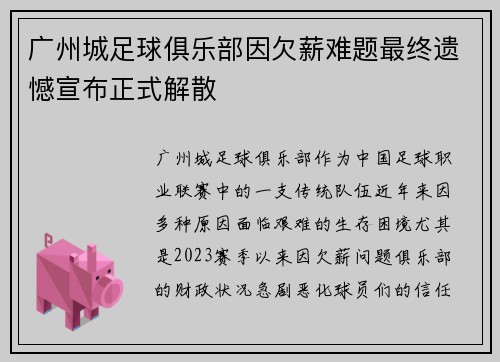 广州城足球俱乐部因欠薪难题最终遗憾宣布正式解散 广州城足球俱乐部因欠薪难题最终遗憾宣布正式解散